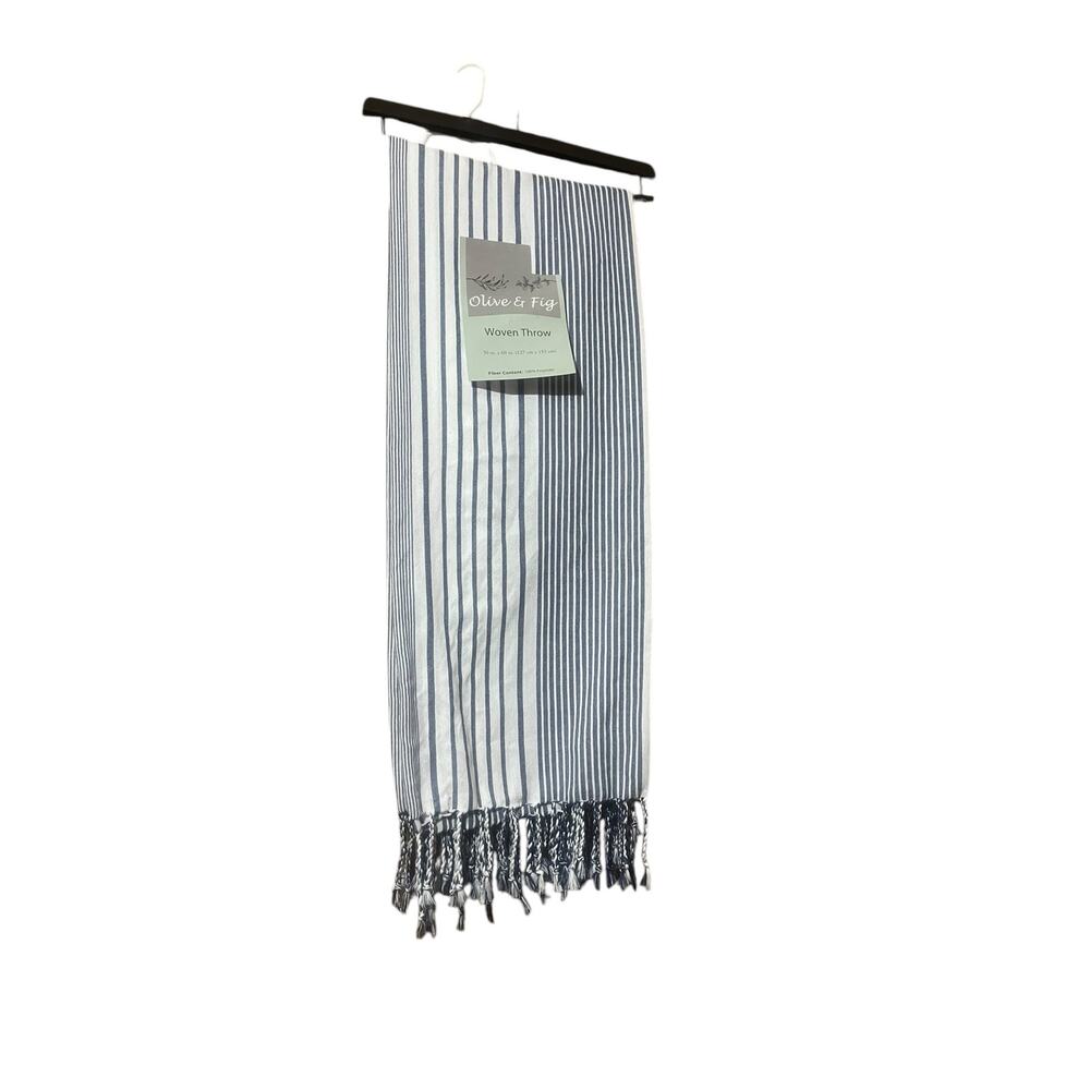 Olive & Fig Cotton Throw in Blue Striped with Fringe 50” x 60”